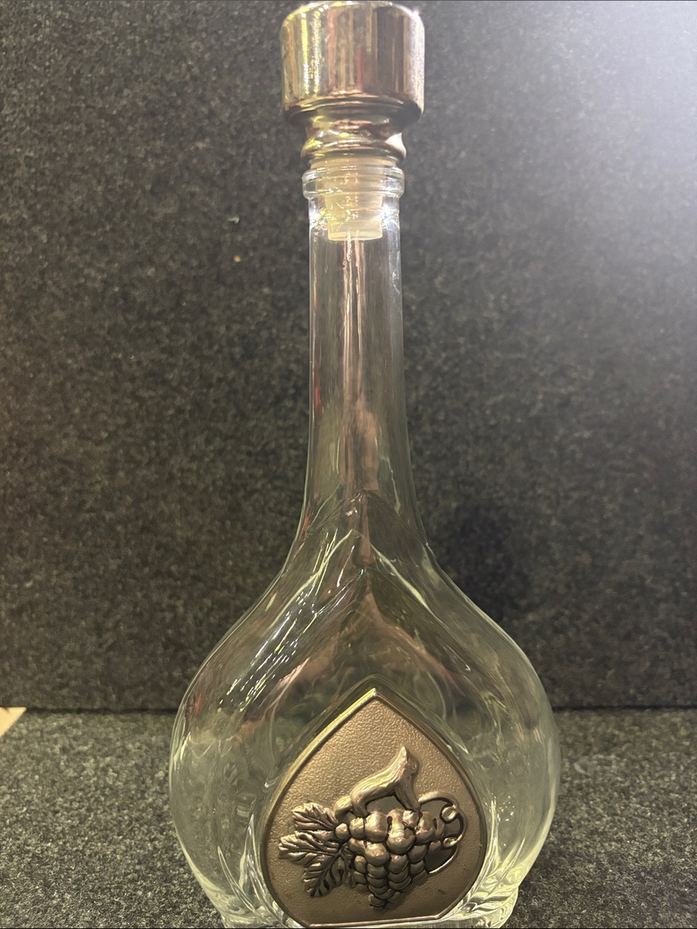 Clear Glass Decanter with Silver-Tone Medallion